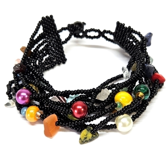 VINTAGE Black Seed Bead & Glass Multi-Strand Bracelet - Picture 1 of 5